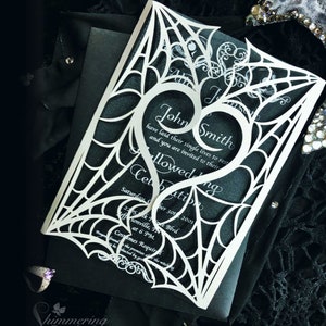 gothic spiderweb halloween wedding invitation laser cut gatefold spooky love heart party