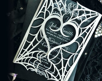 gothic spiderweb halloween wedding invitation laser cut gatefold spooky love heart party