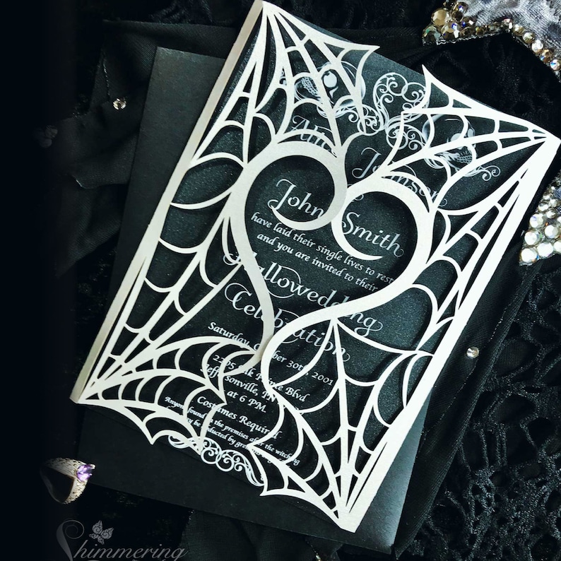 gothic spiderweb halloween wedding invitation laser cut gatefold spooky love heart party 