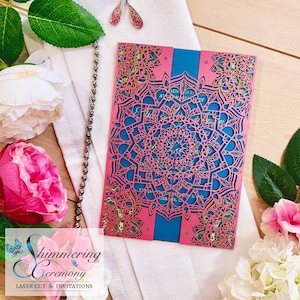 Mandala lasergesneden huwelijksuitnodiging Indiase gatefold exotische boho party samenwerken evenement uitnodiging!
