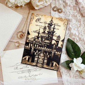 Fairytale castle laser cut gatefold wedding invitation happily ever after princess sweet sixteen quinceneara palace