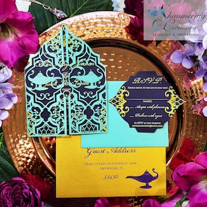 Invito a nozze apribile con taglio laser Aladino a forma di Arabian Nights invita la principessa Jasmine dettaglio marocchino