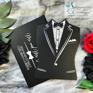 Formal Affairs Tuxedo Shaped Laser Cut Invitation Tuxedo invitation black tie theme suit and tie