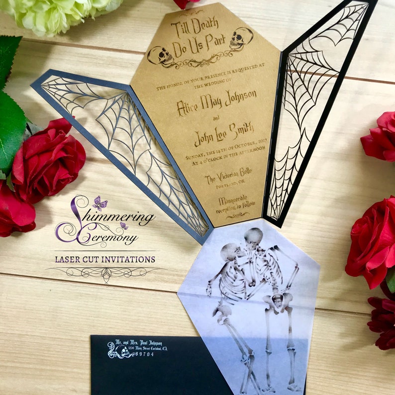 Coffin gatefold laser cut wedding invitation shaped gothic