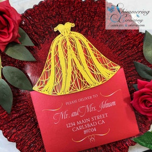 Invitación de quinceañera con corte láser, vestido de baile con forma de vestido de princesa de quinceañera