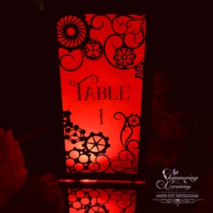 Steampunk Table Number Lantern Laser Cut Gears Centerpiece Victorian Wedding Luminary image 7