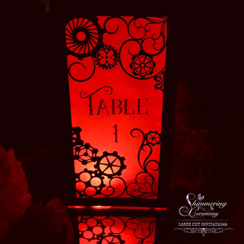 Steampunk Table Number Lantern Laser Cut Gears Centerpiece Victorian Wedding Luminary image 7