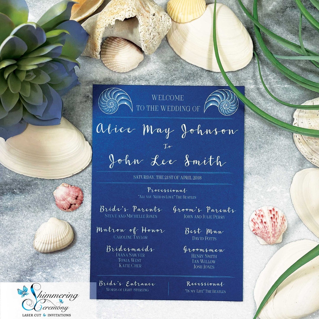 Beach Wedding Program Sweetly Simple Nautilus Shell Ceremony Etsy
