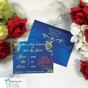 Beauty Rose Save the Date Karte Prinzessin Hochzeit Ankündigung Änderung des Datums Schönheit und das Biest inspiriert