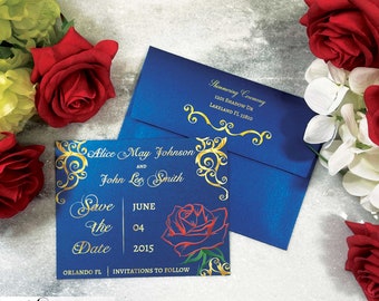 Beauty Rose Save the Date Card Princess Wedding Announcement Change of Date Beauty and the Beast Inspired