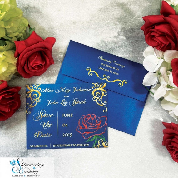 Beauty Rose Save the Date Card Princess Wedding Announcement Change of Date Beauty and the Beast Inspired