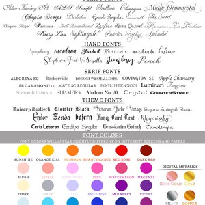 May include: A chart with a list of different font styles and colors. The chart is titled "Be Creative" and includes categories for script fonts, hand fonts, serif fonts, theme fonts, and font colors. The font colors are displayed as colored circles.
