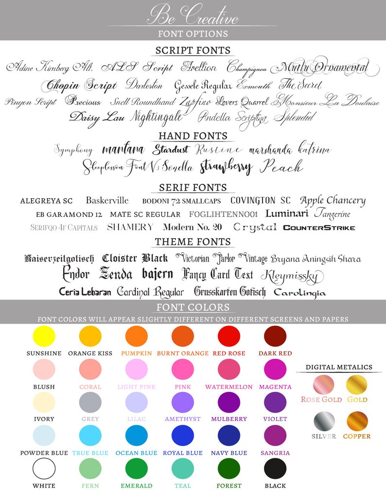 May include: A chart with a list of different font styles and colors. The chart is titled "Be Creative" and includes categories for script fonts, hand fonts, serif fonts, theme fonts, and font colors. The font colors are displayed as colored circles.