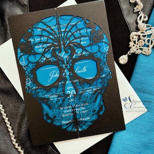 Day of the Dead pocket wedding invitation laser cut folder sugar skull Detailed flowers dia de muertos party
