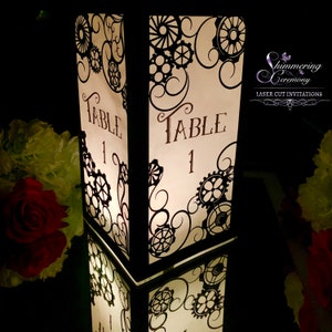 Steampunk Table Number Lantern Laser Cut Gears Centerpiece Victorian Wedding Luminary image 6