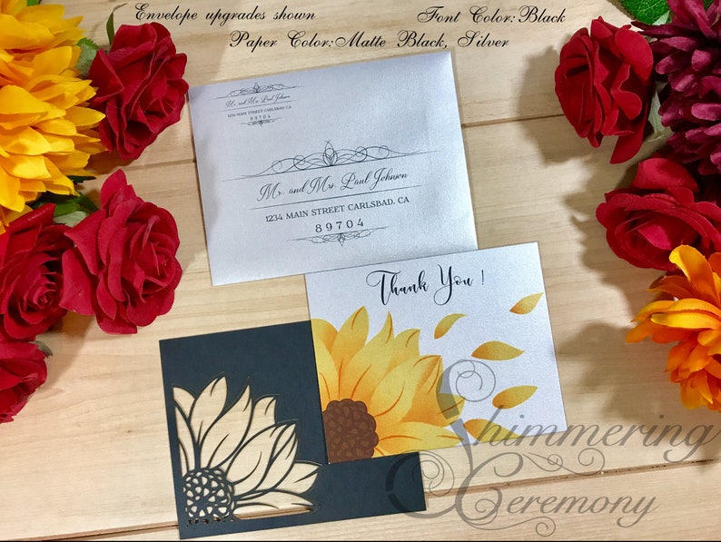 Sunflower rustic laser cut thank you card wedding birthday party flower gratitude