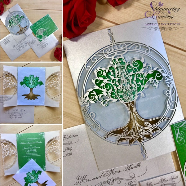 Tree of life laser cut wedding invitation enchanted forest invite autumn leaves fantasy Celtic Weave elegant