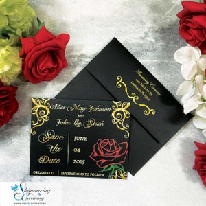 May include: Black and gold save the date card with a red rose and the text "Alice May Johnson and John Lee Smith, June 04, 2015, Orlando FL, Invitations to Follow".