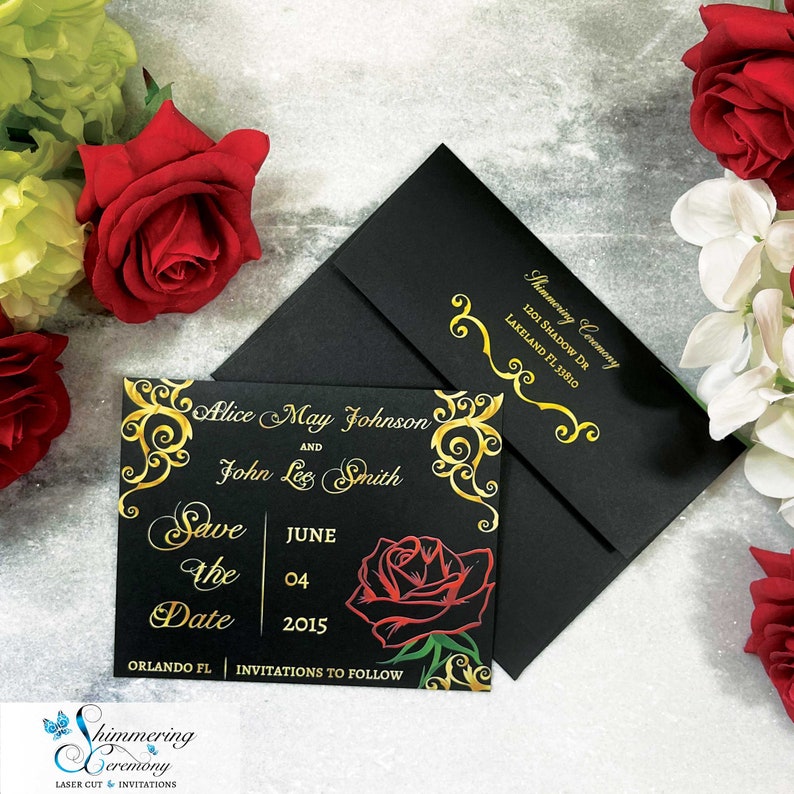 May include: Black and gold save the date card with a red rose and the text "Alice May Johnson and John Lee Smith, June 04, 2015, Orlando FL, Invitations to Follow".