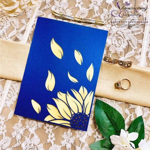Faire-part tournesol découpé au laser, invitation de mariage rustique moderne bohème automne floral jaune bleu carte fleur vent