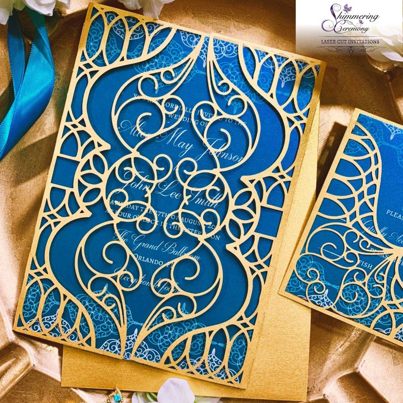 Moroccan-Themed Arabian Nights Wedding and Party Invitation in Blue and Gold