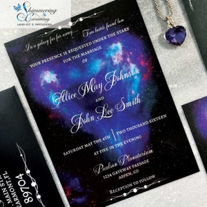 May include: A wedding invitation with a galaxy background. The invitation is for Alice May Johnson and John Lee Smith. The wedding will be held on Saturday, May 4th at 5:00 PM at the Paulson Planetarium in Aspen, Colorado. The text "In a galaxy far far away... Two hearts found love" is at the top of the invitation.