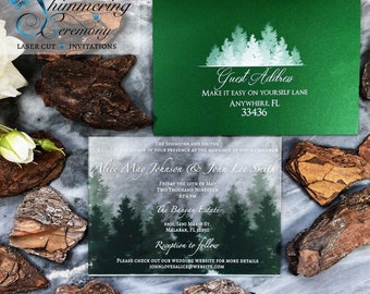 May include: A green and white wedding invitation with a forest scene. The invitation reads "The Johnsons and Smiths request the honor of your presence at the marriage of their children Alice May Johnson & John Lee Smith Friday the 10th of May Two Thousand Nineteen at 4 PM The Banyan Estate 6901, 1490 Marie St. Malabar, FL 32950 Reception to follow Please check out our wedding website for more details johnlovesalice@website.com"