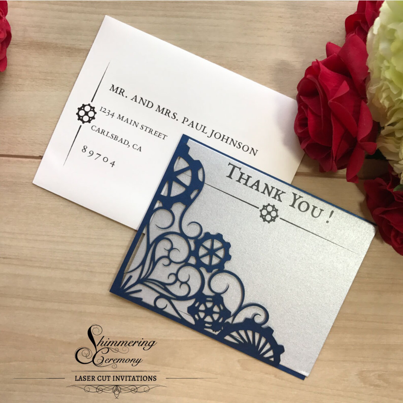 Steampunk Laser Cut Thank You Card Industrial Gears Party to a Etsy