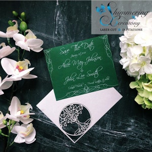 Bolso com corte a laser para cartão Tree Of Life Save the Date para evento de casamento