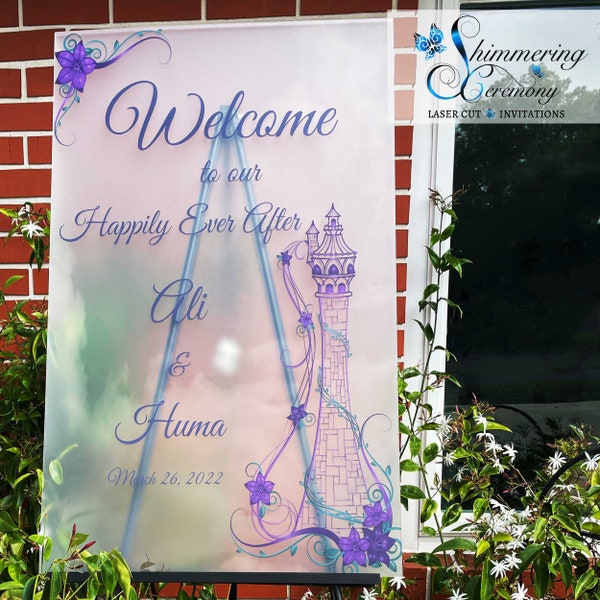 Tangled Tower Acrylic Wedding Welcome Sign Personalized UV Printed