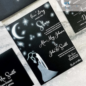 Starry Night Wedding Invitation bride & groom with moon and stars invite evening moonlight invite