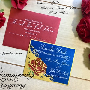 La bella e la bestia ispirata Save the Date carta tagliata al laser tasca con stampata rosa rossa matrimonio