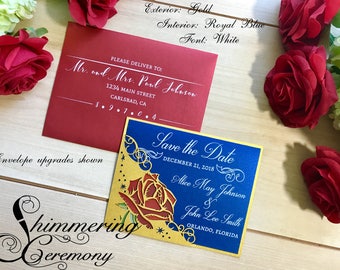 Beauty and the Beast Save the Date Card, Laser Cut Rose Pocket