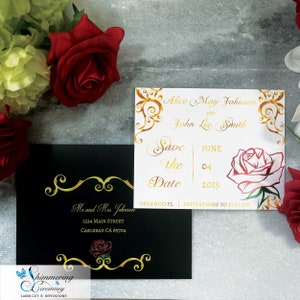 May include: Save the date wedding invitation with a gold and white design featuring a red rose and the text "Alice May Johnson and John Lee Smith Save the Date June 04 2015 Orlando FL Invitations to Follow".
