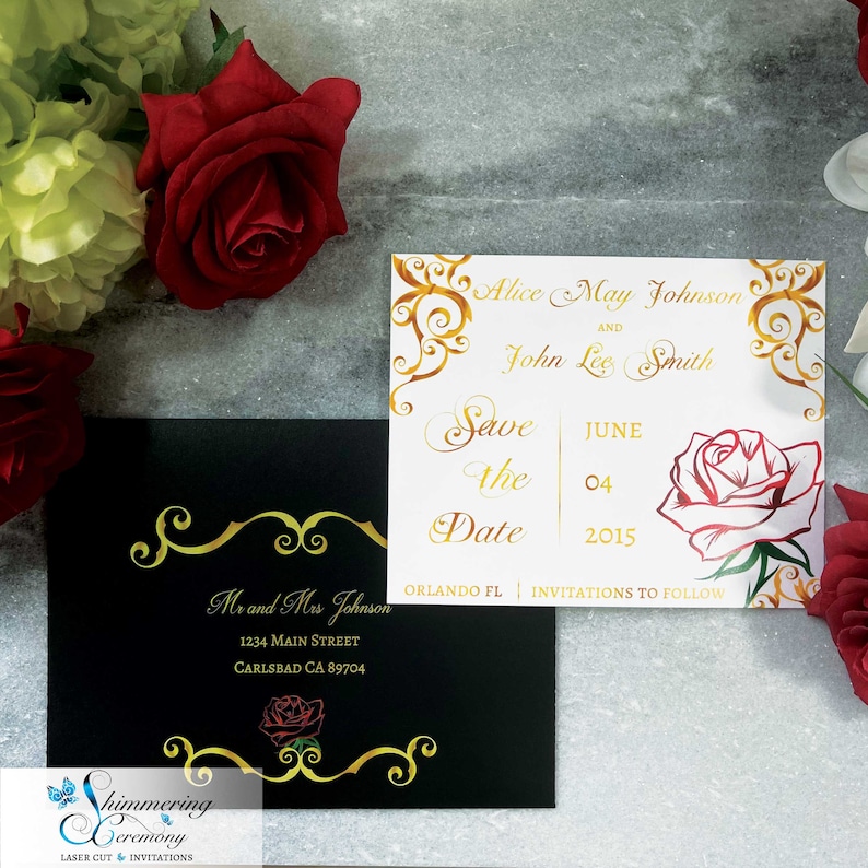 May include: Save the date wedding invitation with a gold and white design featuring a red rose and the text "Alice May Johnson and John Lee Smith Save the Date June 04 2015 Orlando FL Invitations to Follow".