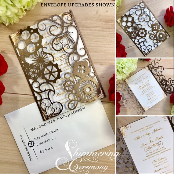 steampunk wedding invitation laser cut gears and hearts cut gatefold victorian escape room party unique style steampunk wedding invitations