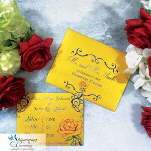 May include: Save the date card with a yellow background and a red rose. The card features a blue and gold design with the text "Save the Date" and the date "June 04, 2015". The card also includes the names "Alice May Johnson" and "John Lee Smith".