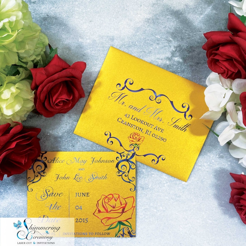 May include: Save the date card with a yellow background and a red rose. The card features a blue and gold design with the text "Save the Date" and the date "June 04, 2015". The card also includes the names "Alice May Johnson" and "John Lee Smith".