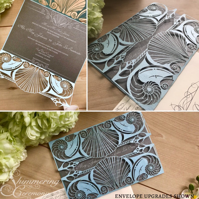 Beach wedding laser cut gatefold invitation Ariel mermaid to shell nautical party image 3