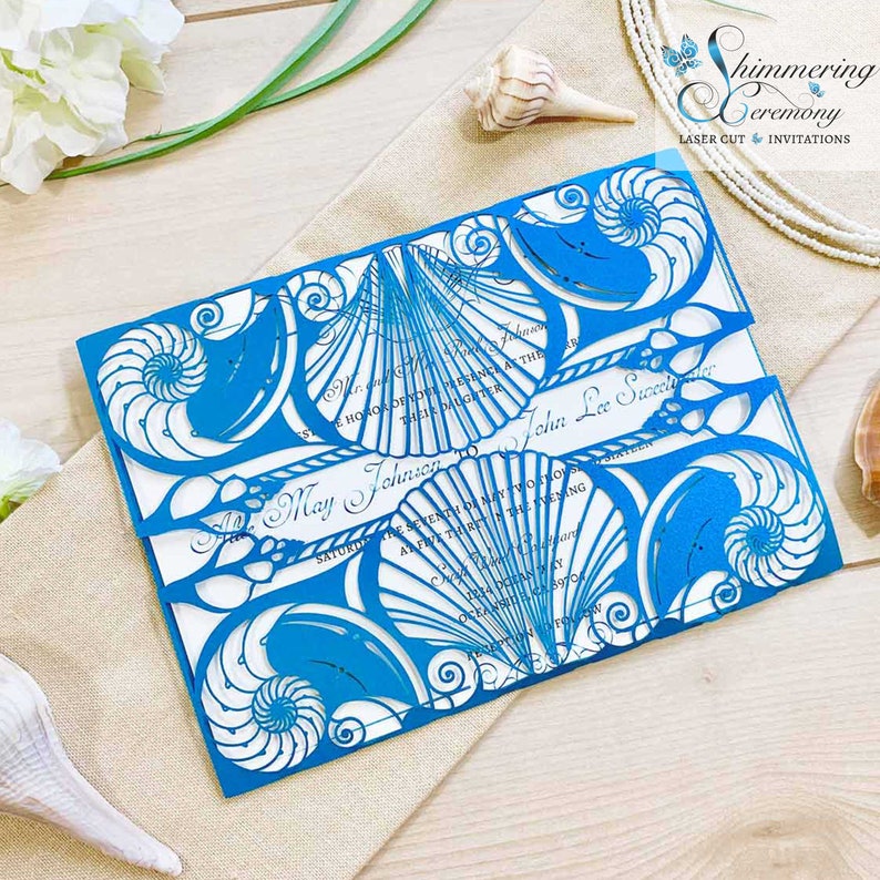 Beach wedding laser cut gatefold invitation Ariel mermaid to shell nautical party image 1