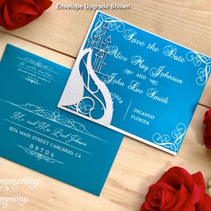 Cartão de conto de fadas para salvar a data, bolso com corte a laser do castelo para evento de casamento de príncipes