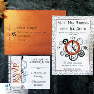 Neovictorian Steampunk wedding invitation themed party invite custom printed gears modern victorian