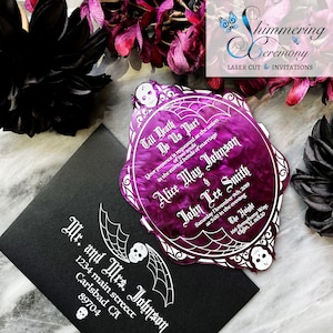 Gothic Skull Mirror Shaped Acrylic Invitation Halloween Wedding InviteDark Gold Foil