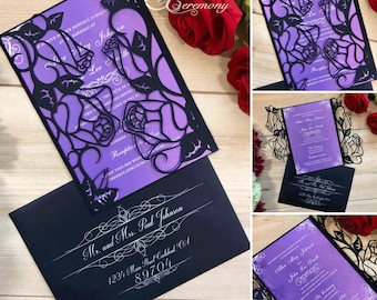 Roses wedding invitation laser cut gatefold with matching laser cut RSVP card elegant romantic event cover