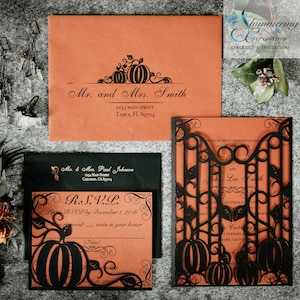 laser cut pumpkin wedding invitation gatefold autumn fall halloween party event custom pumpkins with iron gate