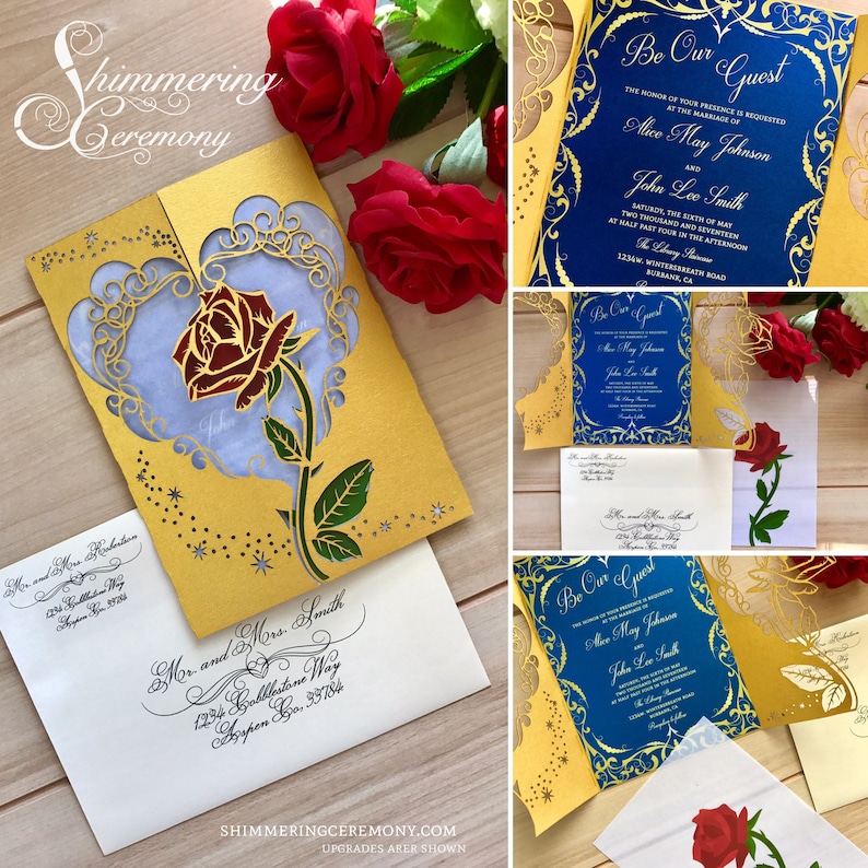 Beauty and the beast inspired wedding invitation laser