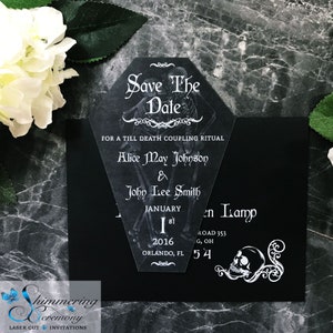 Coffin Save the Date cards shaped halloween wedding announcements Skeltons hugging