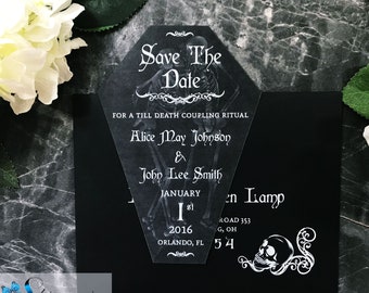 Coffin Save the Date cards shaped halloween wedding announcements Skeltons hugging