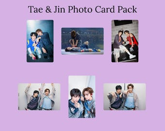 May include: A Tae & Jin Photo Card Pack featuring six rectangular cards with various images of two individuals. The cards display scenes of the pair in casual clothing, performing on stage, and posing together in studio settings against light backgrounds.