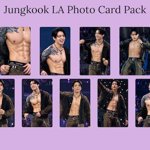 May include: A Jungkook LA Photo Card Pack featuring nine individual rectangular cards. Each card displays a photograph of the artist Jungkook performing on stage, wearing an open dark jacket, dark trousers, and a silver chain necklace.